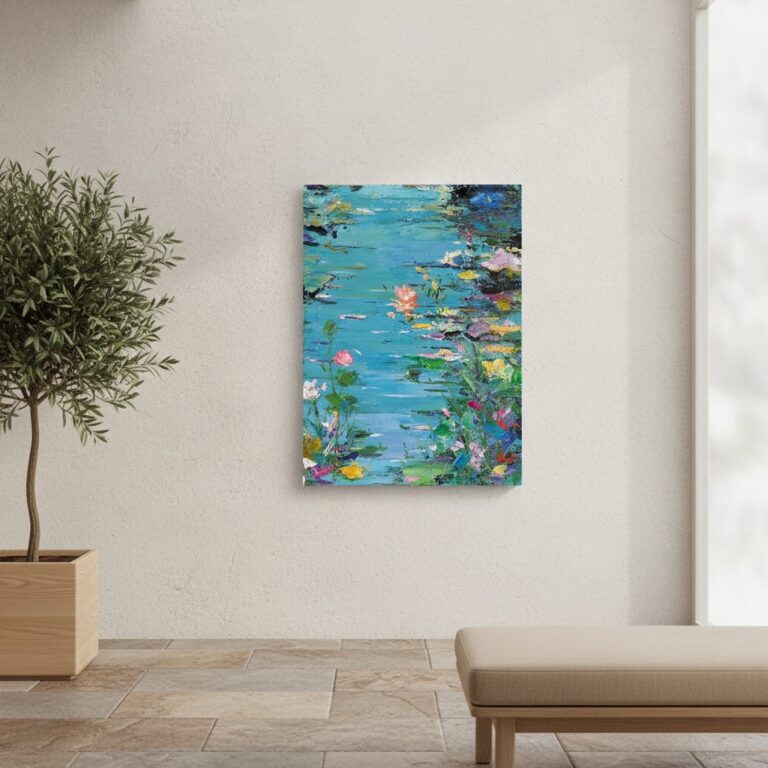 Blommande vatten — handmålad akryl på duk, 90×120 cm