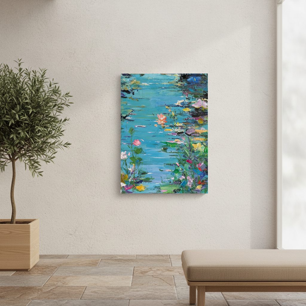 blommande vatten — handmålad akryl på duk, 90×120 cm