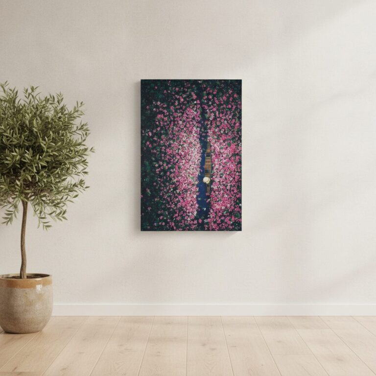 Blomsterbåt — handmålad akryl på duk, 80×120 cm