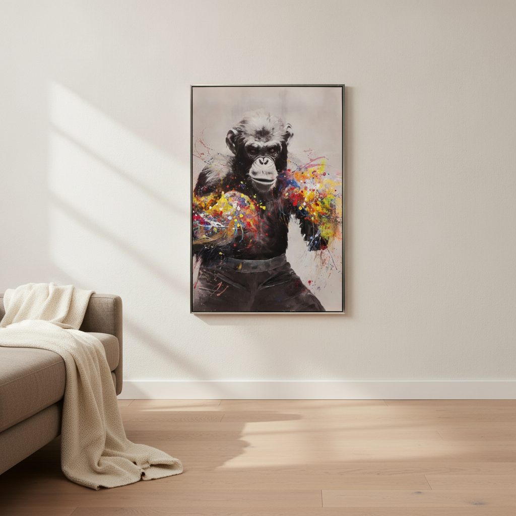 boxande apa — handmålad akryl på duk, 60×90 cm