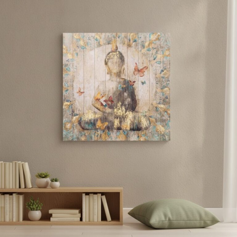 Buddha med fjärilar — handmålad akryl på duk, 100×100 cm
