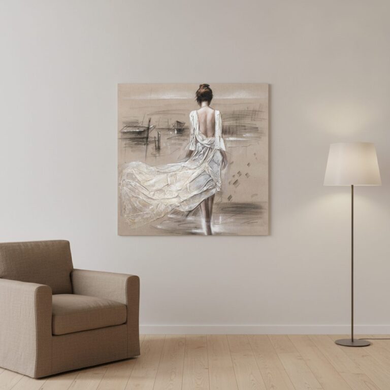 Dam vid hamnen — handmålad akryl på duk, 100×100 cm