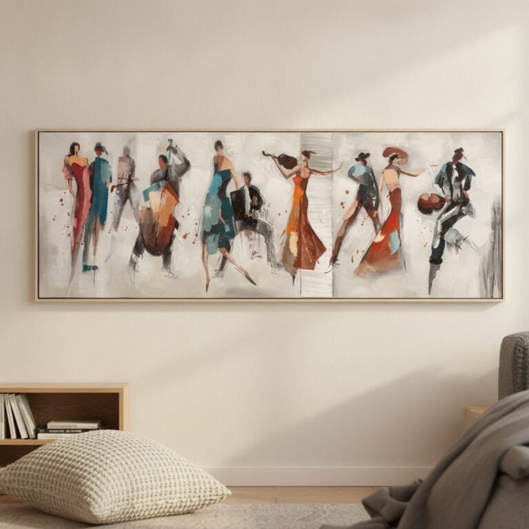 Eldig tango — handmålad akryl på duk, 52,5×152,5 cm