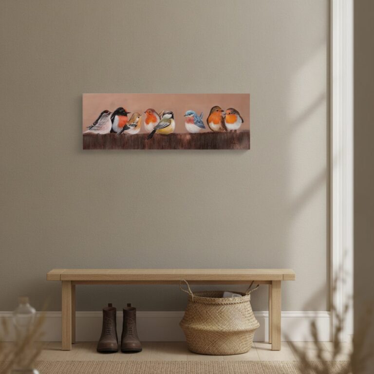 Färgglad fågelflock — handmålad akryl på duk, 40×120 cm