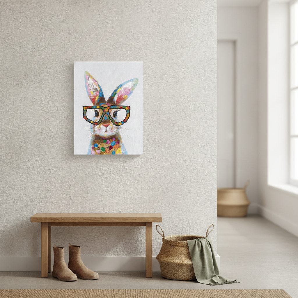 färgglad hare med glasögon — handmålad akryl på duk, 50×70 cm
