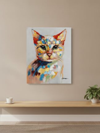 färgglad kattunge — handmålad akryl på duk, 40×50 cm