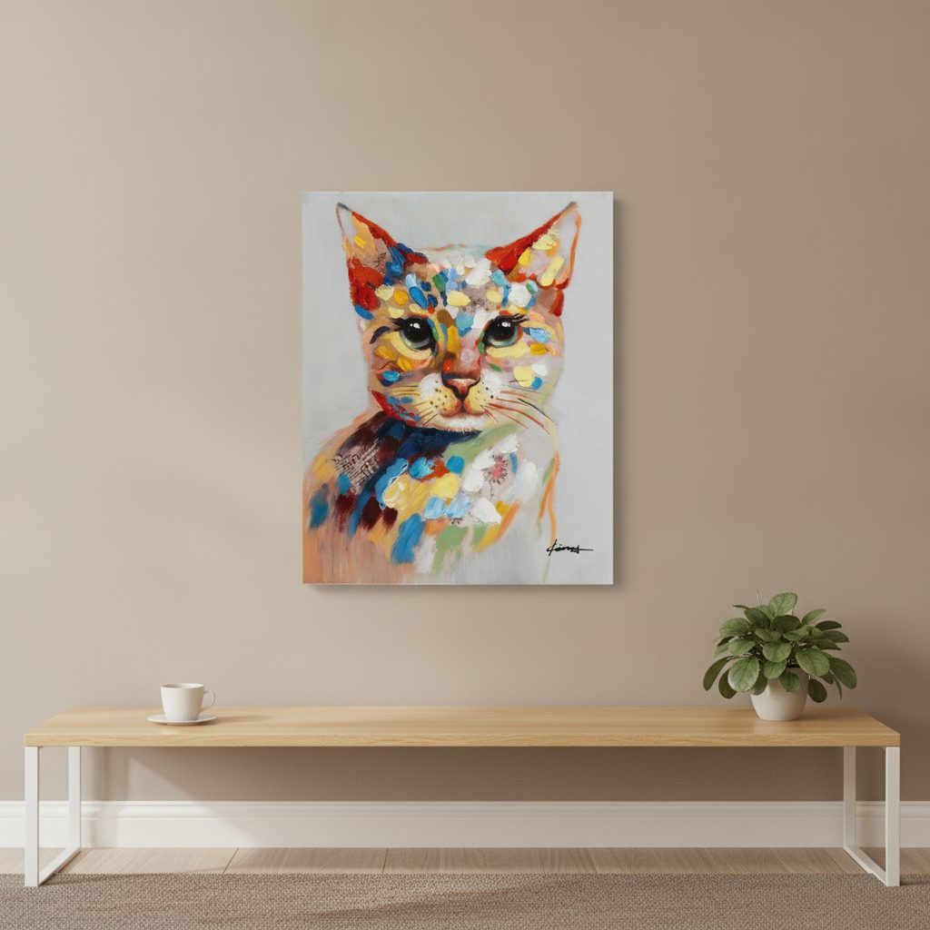 färgglad kattunge — handmålad akryl på duk, 40×50 cm