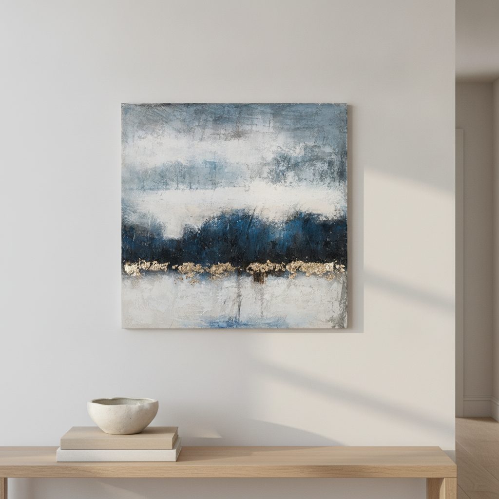 färgkomposition i mörkblått och guld — handmålad akryl på duk, 100×100 cm