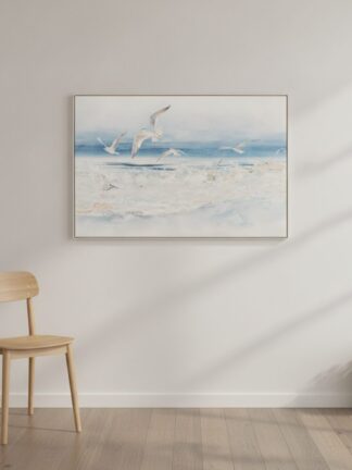 Fiskande måsar — handmålad akryl på duk, 82,5×122,5 cm