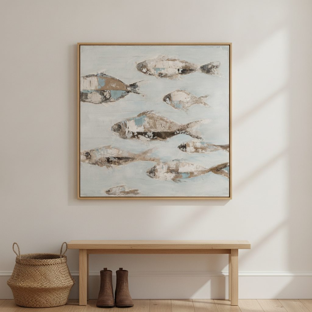 fiskstim i ljusblått — handmålad akryl på duk, 100×100 cm