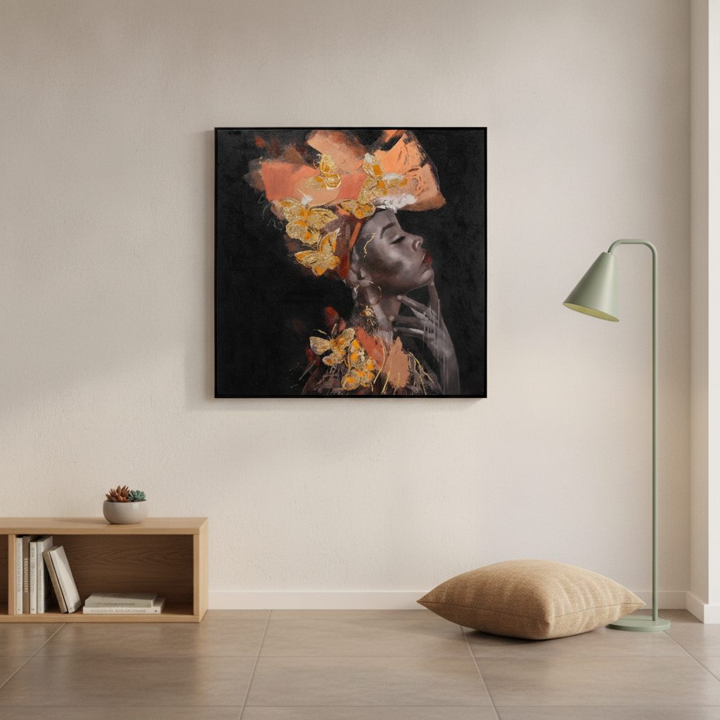 fjärilsdröm — handmålad akryl på duk, 102,5×102,5 cm