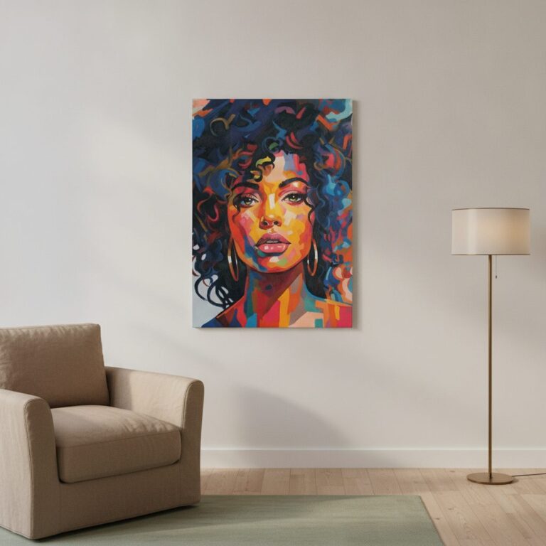 Flicka i färg — handmålad akryl på duk, 90×120 cm