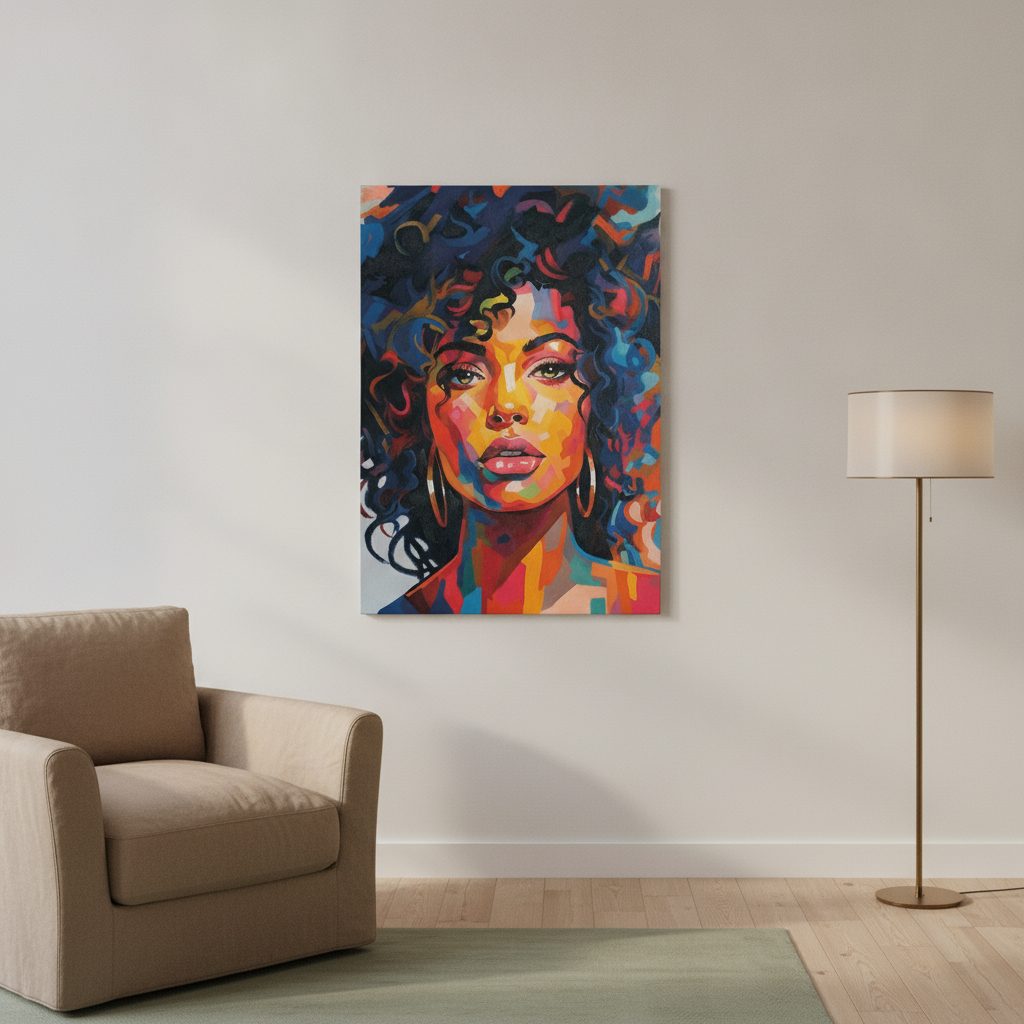 flicka i färg — handmålad akryl på duk, 90×120 cm