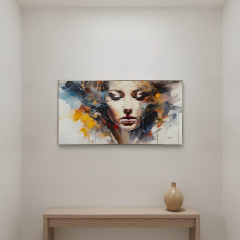 Flicka i färgade skuggor — handmålad akryl på duk, 71,5×141,5 cm