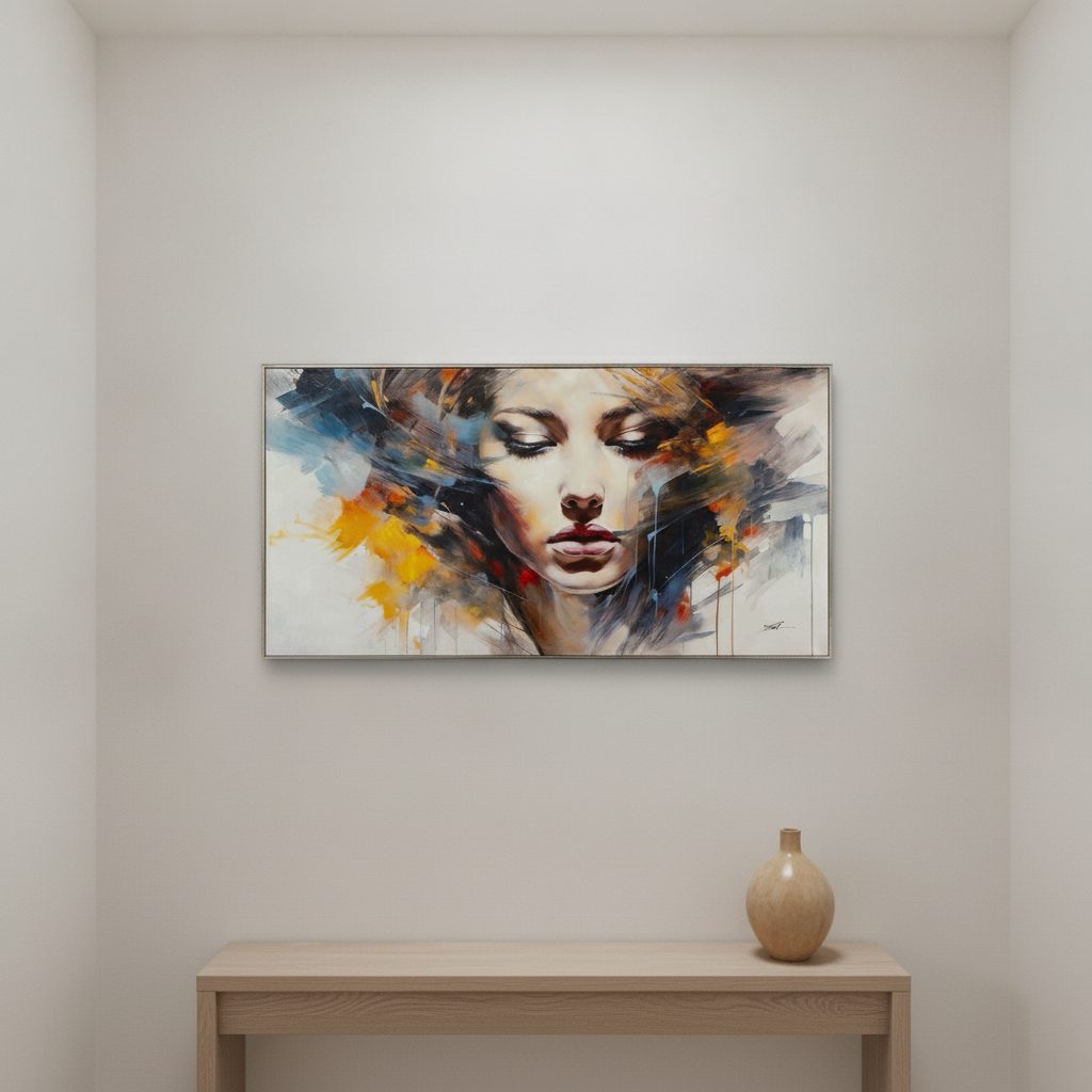 flicka i färgade skuggor — handmålad akryl på duk, 71,5×141,5 cm