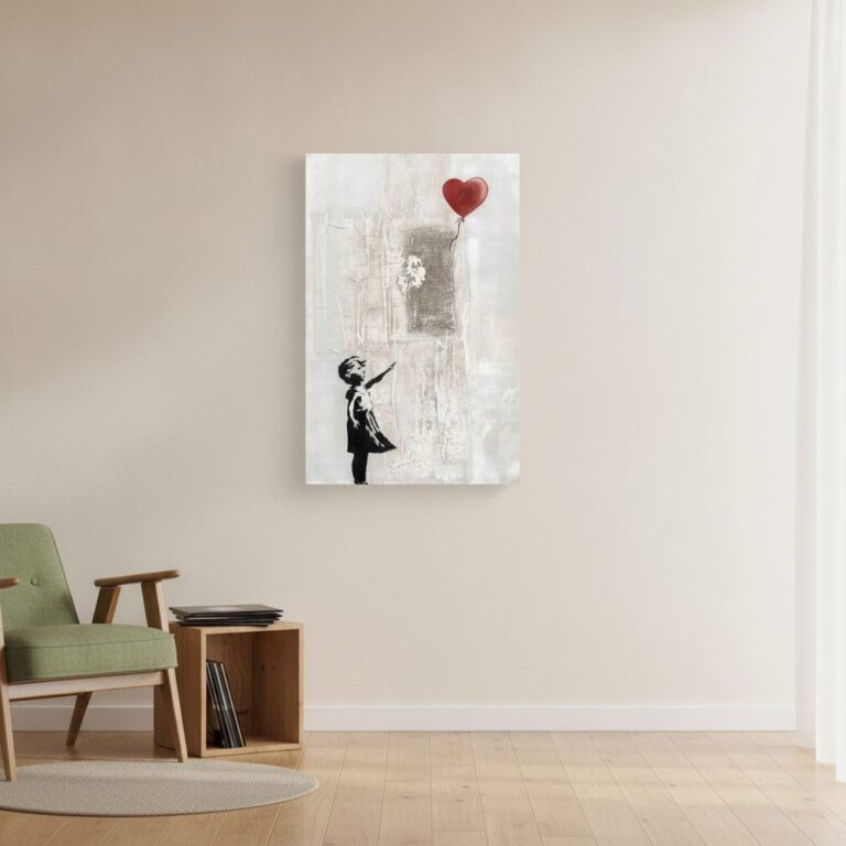 Flicka med hjärtballong — handmålad akryl på duk, 80×120 cm