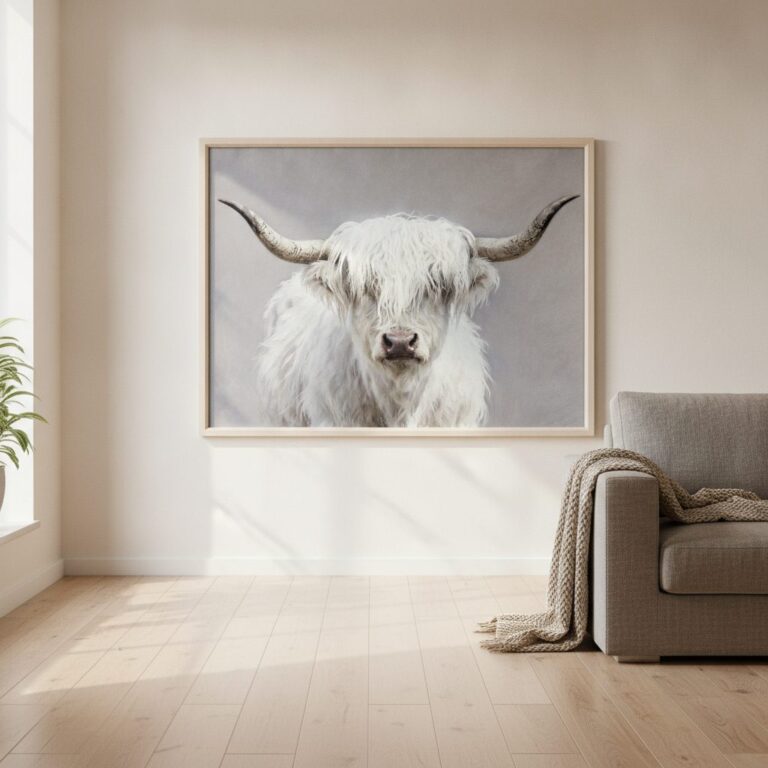 Fluffig longhorn — handmålad akryl på duk, 60×80 cm