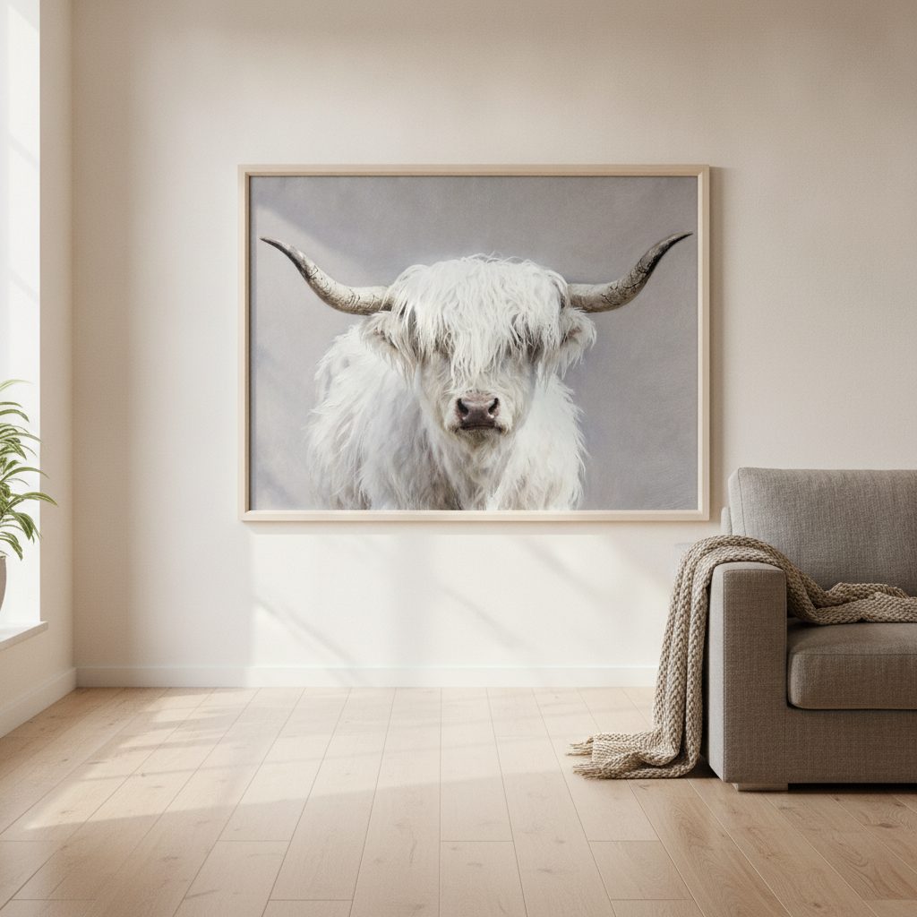 fluffig longhorn — handmålad akryl på duk, 60×80 cm