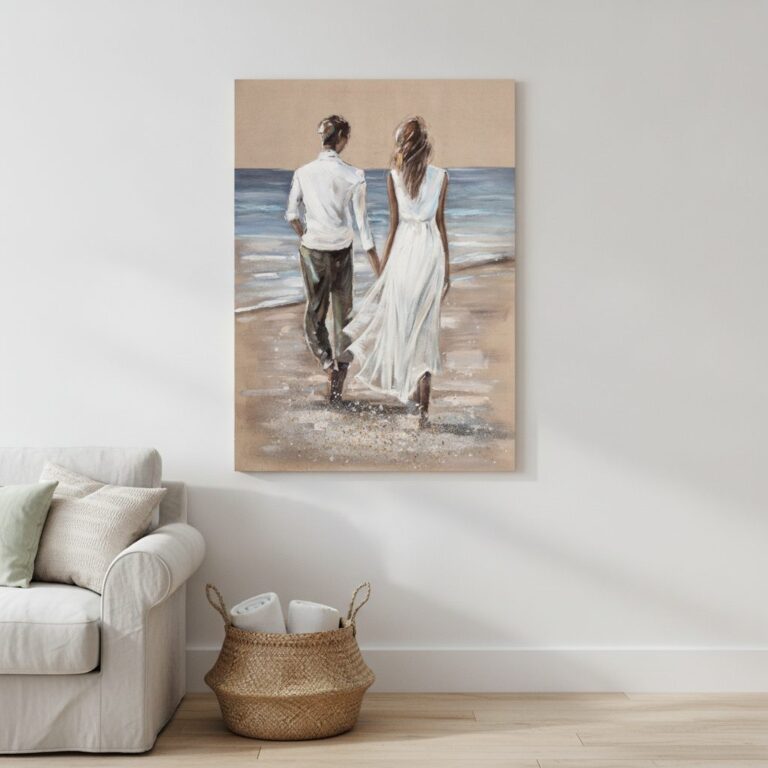 Förälskade på stranden — handmålad akryl på duk, 90×120 cm