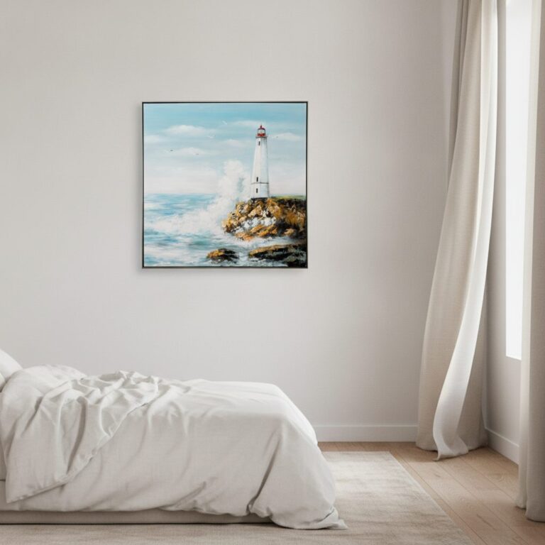 Ön med fyren — handmålad akryl på duk, 102,5×102,5 cm
