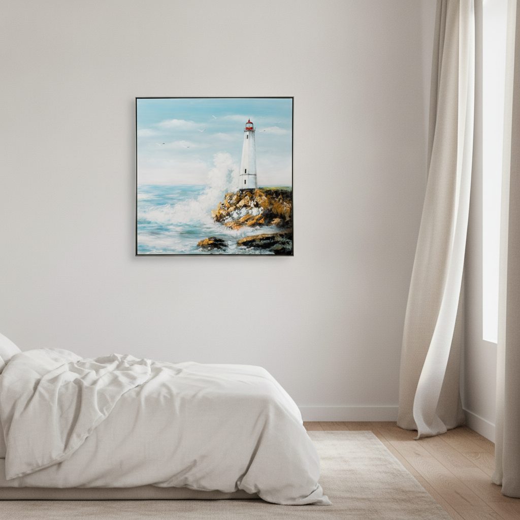 ön med fyren — handmålad akryl på duk, 102,5×102,5 cm