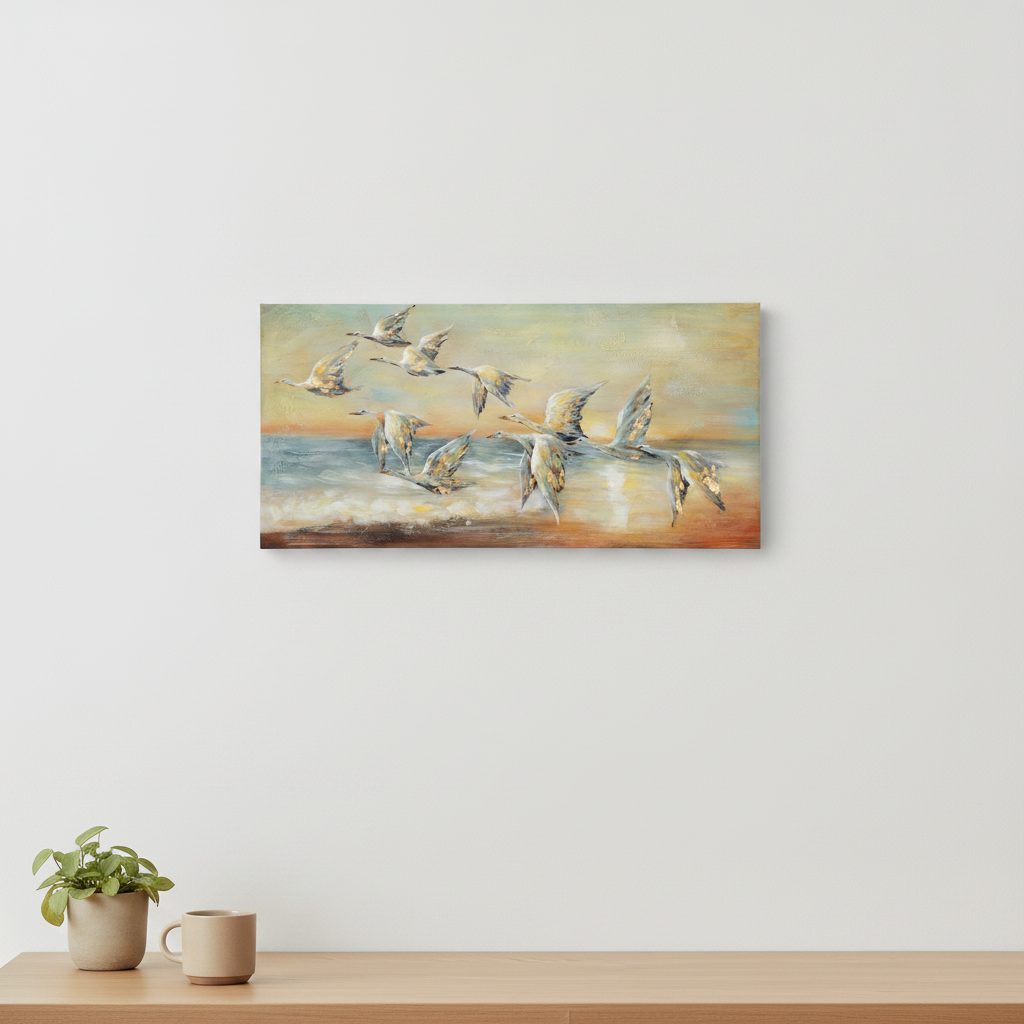 gäss på flykt söderut — handmålad akryl på duk, 70×140 cm