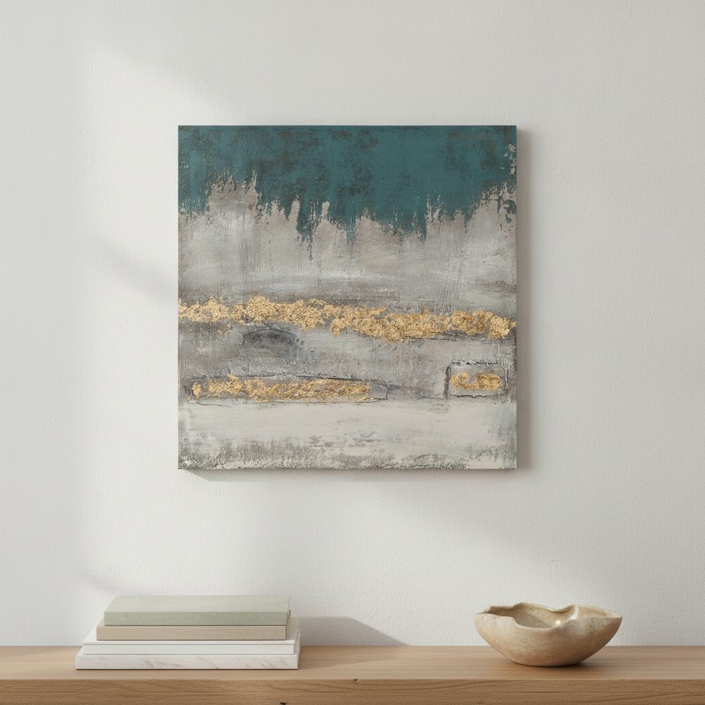 glödande siluett i turkos — handmålad akryl på duk, 70×70 cm