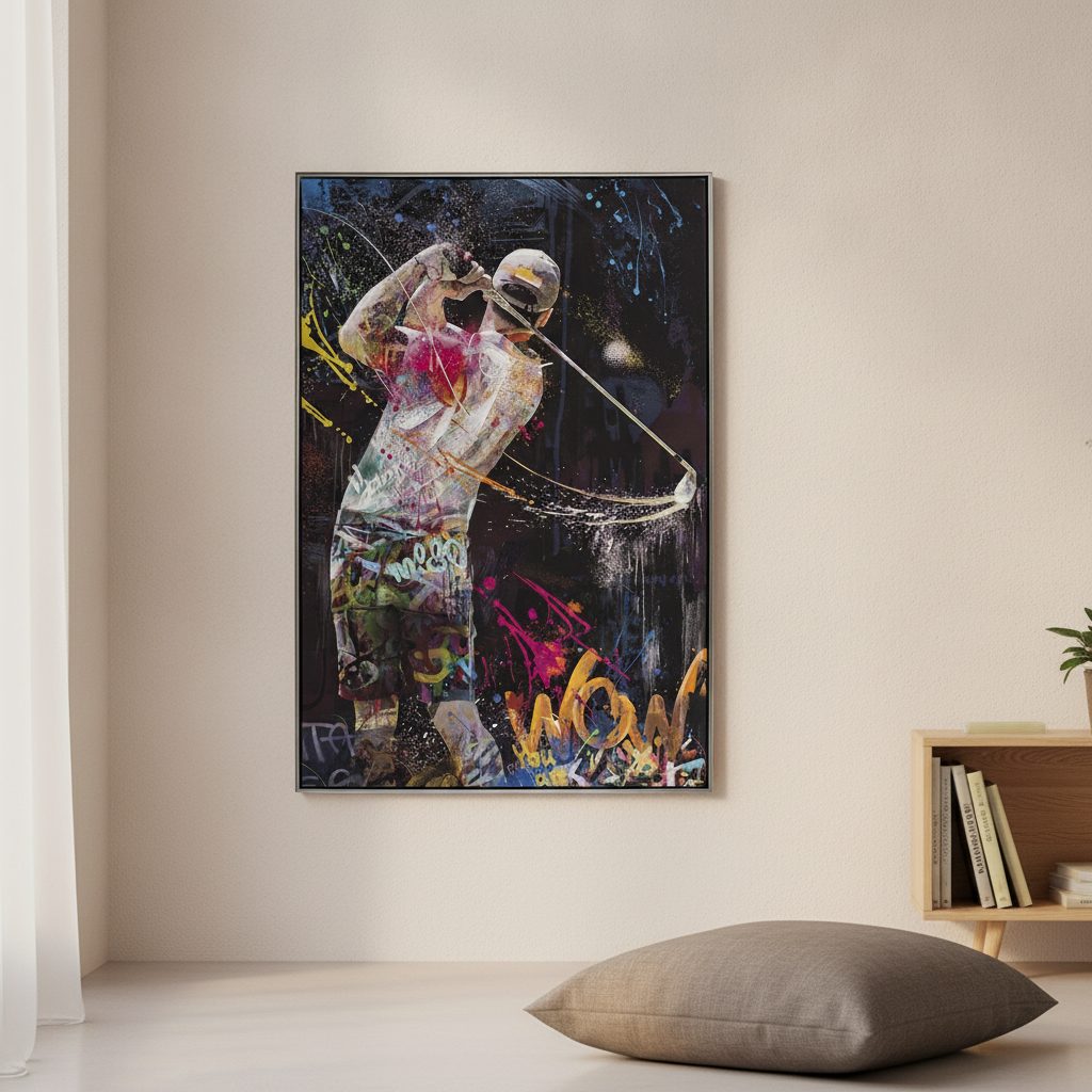 golf i street art — handmålad akryl på duk, 82,5×122,5 cm