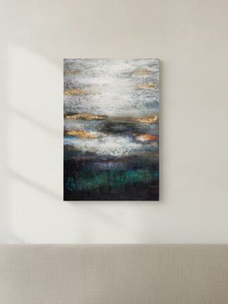 Gråmelerad grön abstrakt färgkomposition — handmålad akryl på duk, 100×150 cm