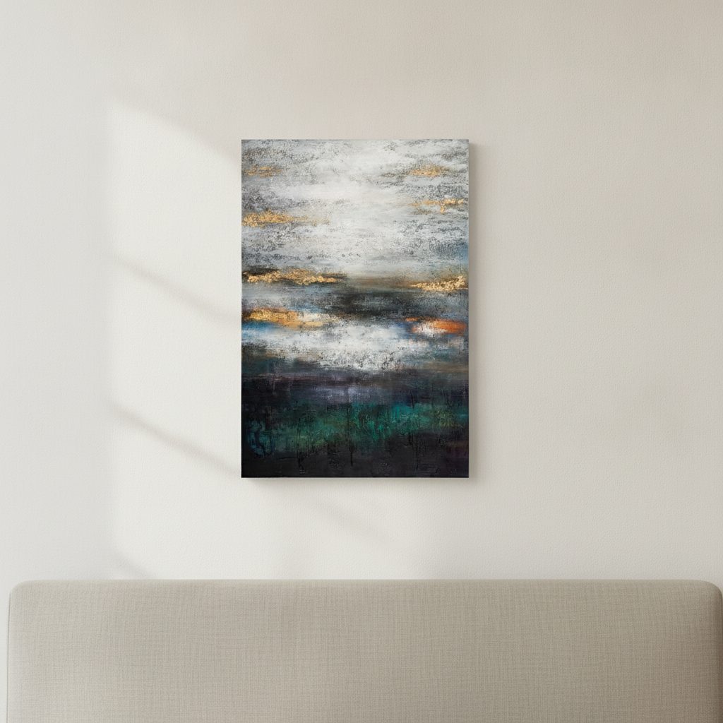 gråmelerad grön abstrakt färgkomposition — handmålad akryl på duk, 100×150 cm
