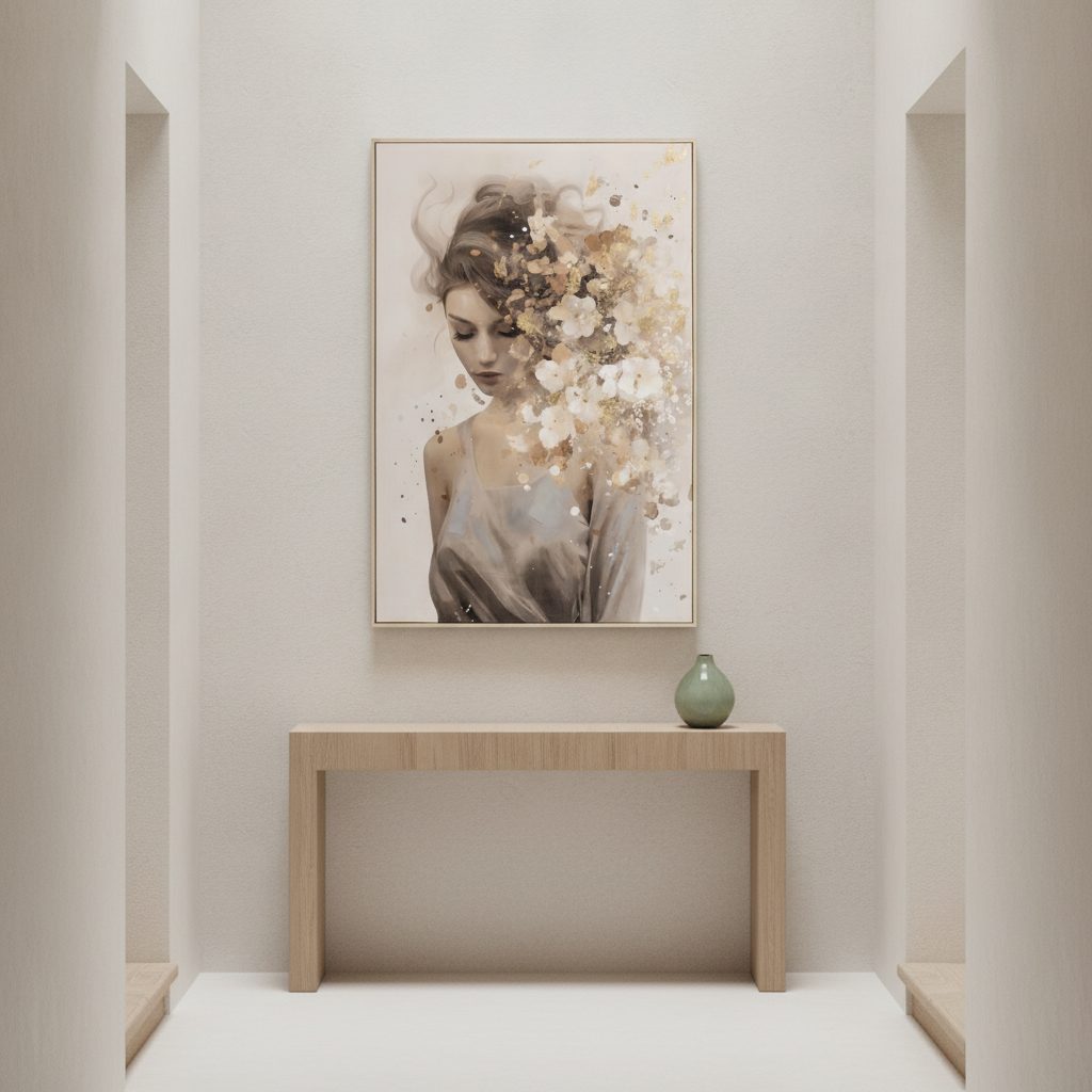 guldblommor i håret — handmålad akryl på duk, 80×120 cm