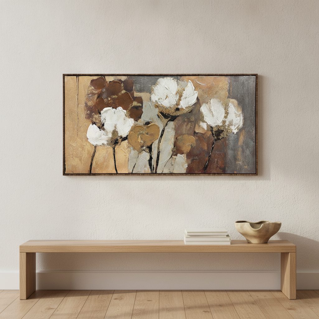gyllene bomullsblommor — handmålad akryl på duk, 70×140 cm