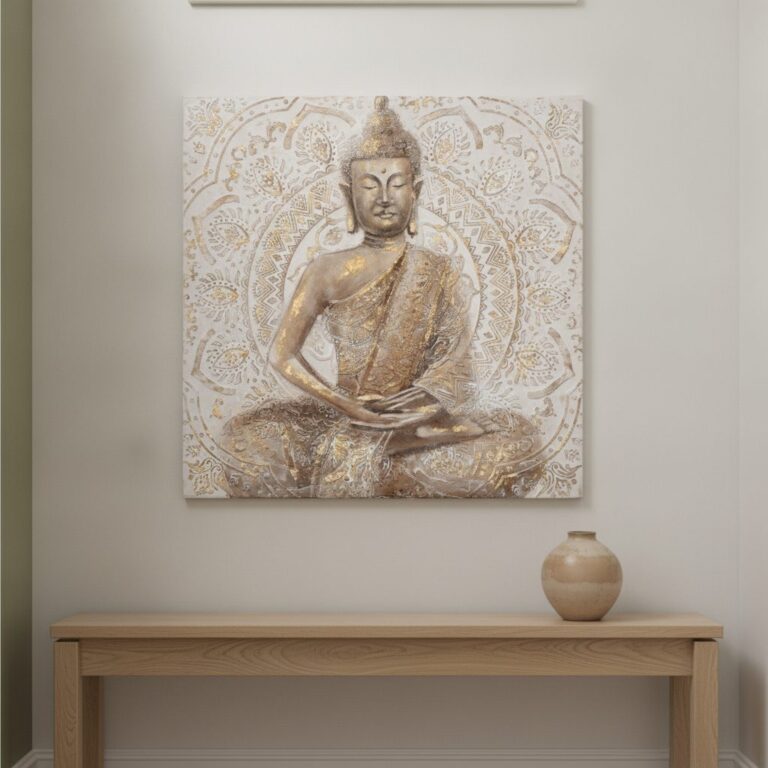 Gyllene Buddha — handmålad akryl på duk, 100×100 cm
