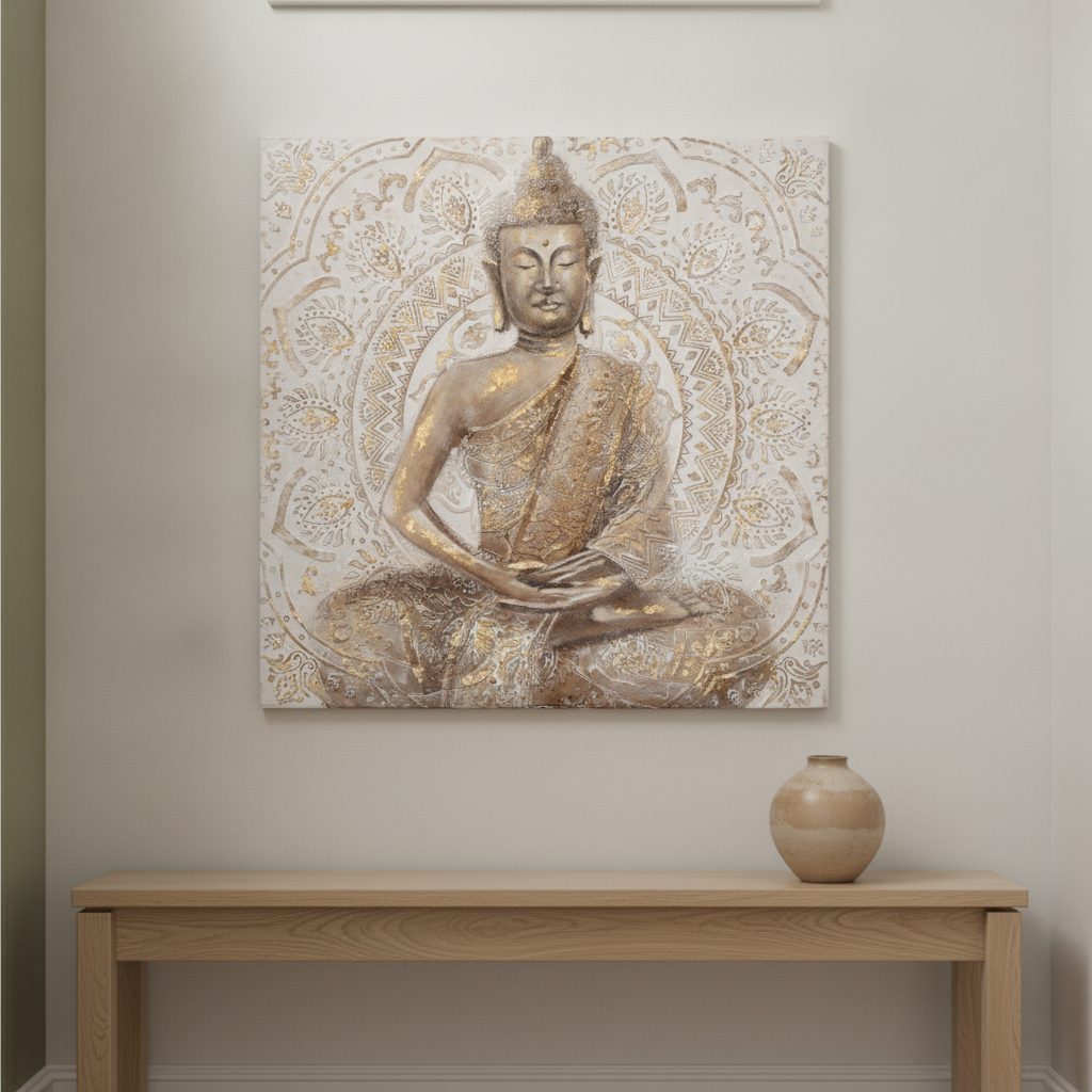gyllene buddha — handmålad akryl på duk, 100×100 cm