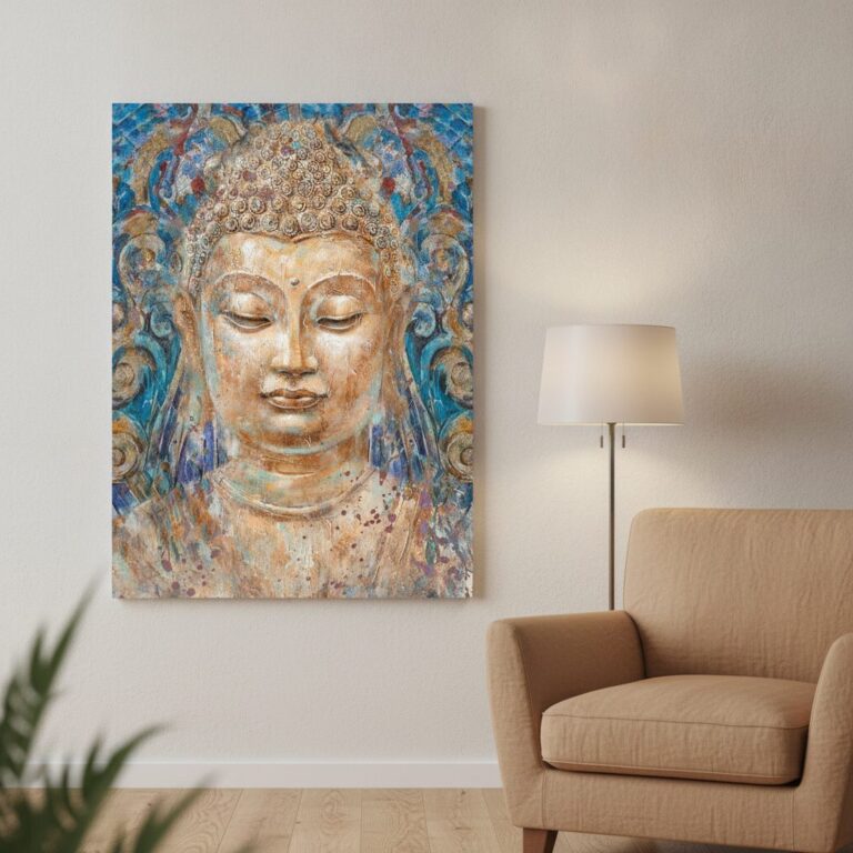 Gyllene Buddha — handmålad akryl på duk, 90×120 cm
