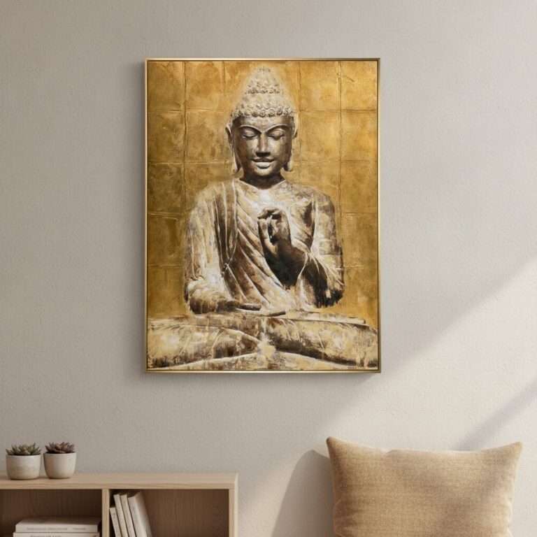 Gyllene Buddha — handmålad akryl på duk, 92,5×122,5 cm