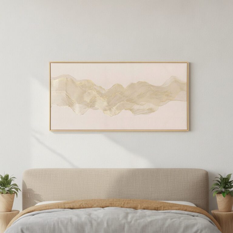Gyllene dyn — handmålad akryl på duk, 60×120 cm