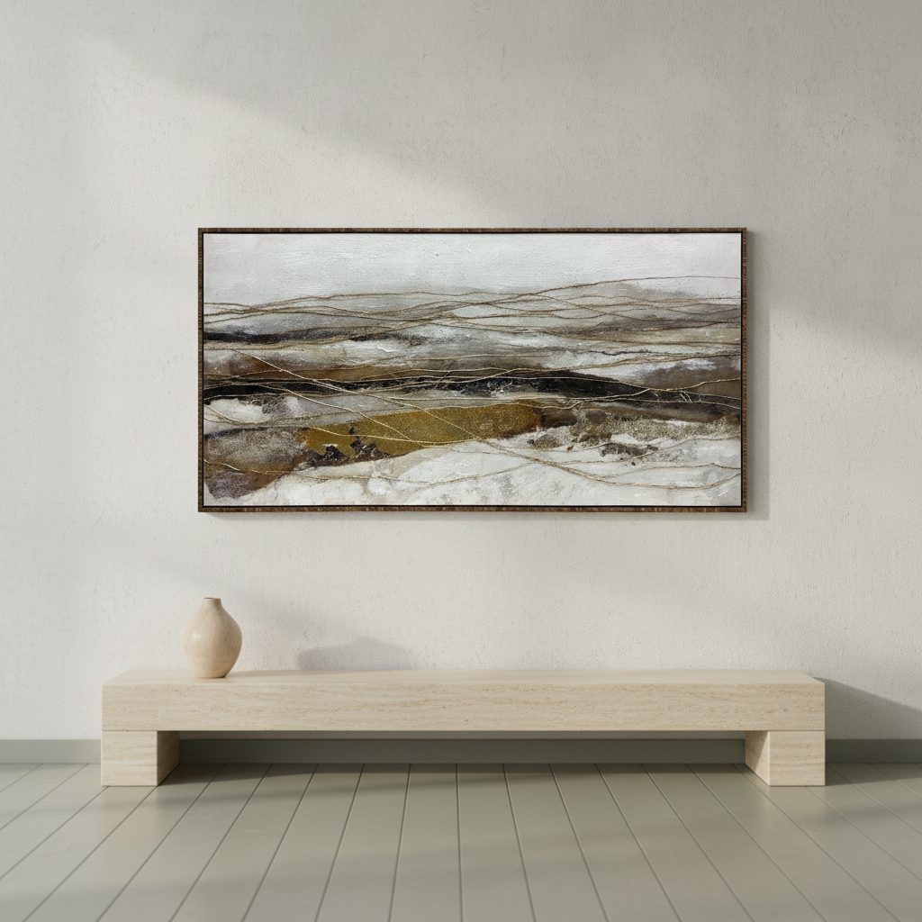 gyllene flöde — handmålad akryl på duk, 70×140 cm