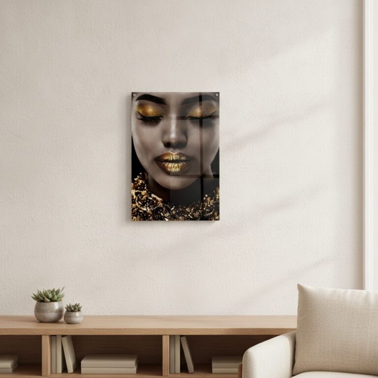 Gyllene ögon och läppar — tryck på härdat glas, 80×120 cm