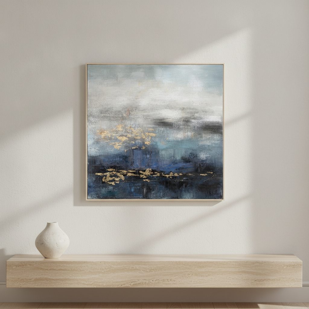 gyllene skimmer — handmålad akryl på duk, 100×100 cm