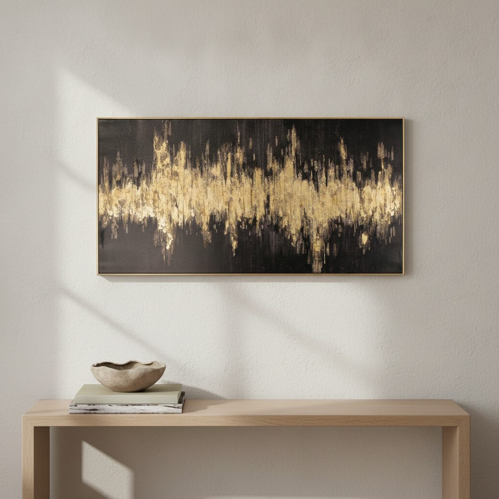 gyllene strålar — handmålad akryl på duk, 70×140 cm