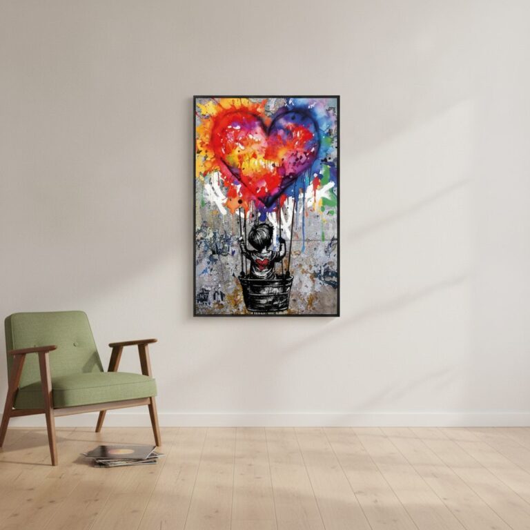 Hjärtballong — handmålad akryl på duk, 80×120 cm