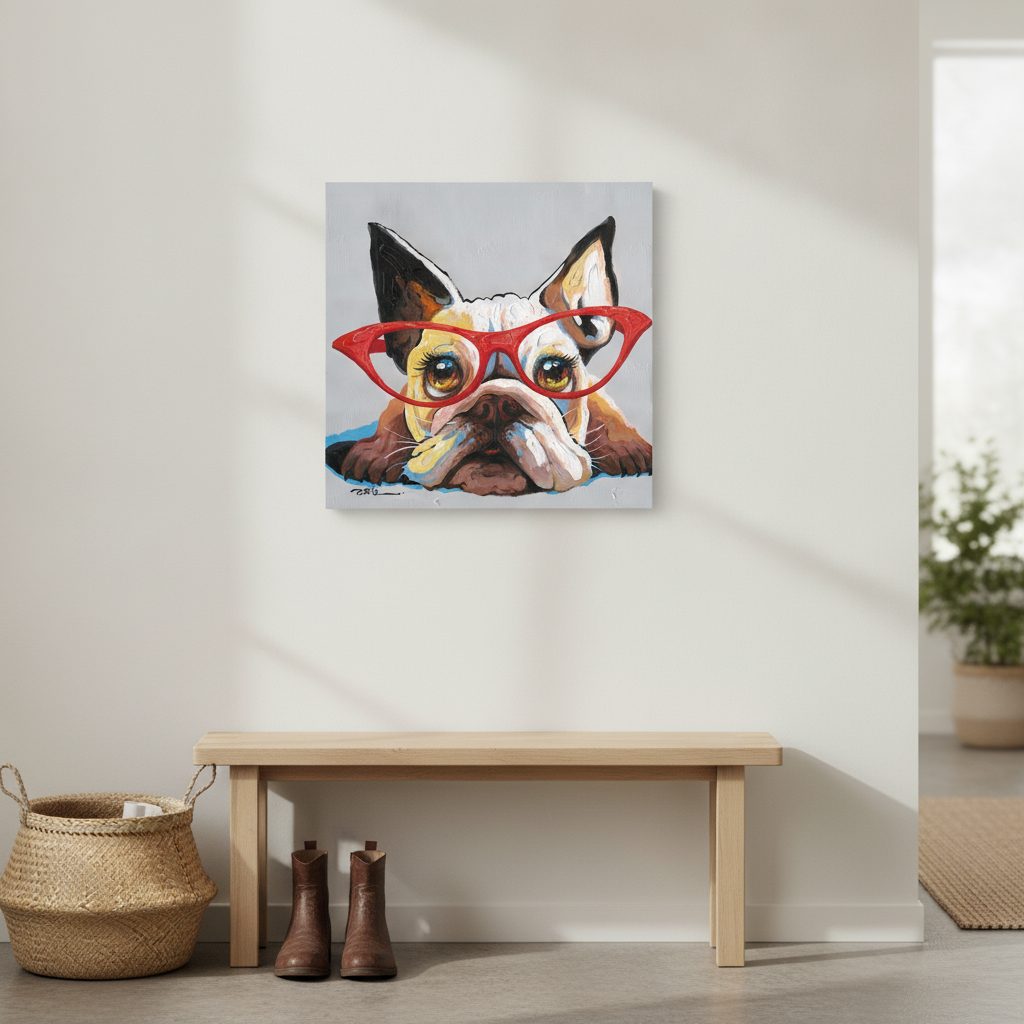 hund med röda glasögon — handmålad akryl på duk, 70×70 cm