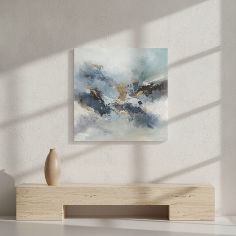 Intryck i ljusblått — handmålad akryl på duk, 80×80 cm