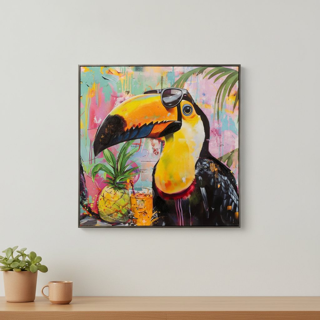 karibisk tukan — handmålad akryl på duk, 80×80 cm