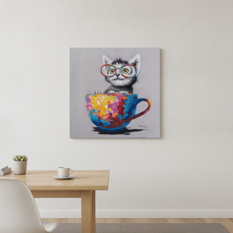Katt i färgglad kopp — handmålad akryl på duk, 60×60 cm