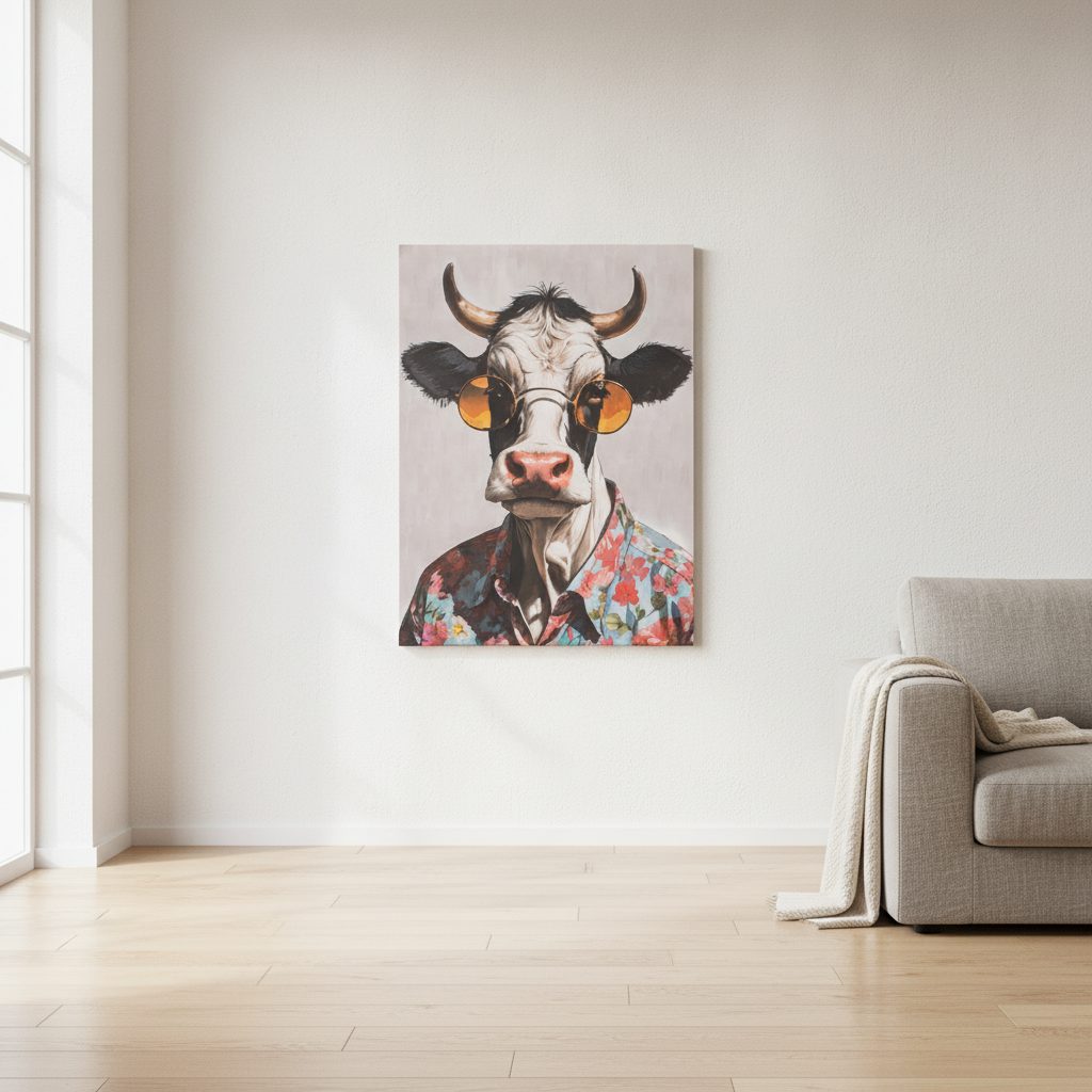 ko om våren — handmålad akryl på duk, 60×80 cm