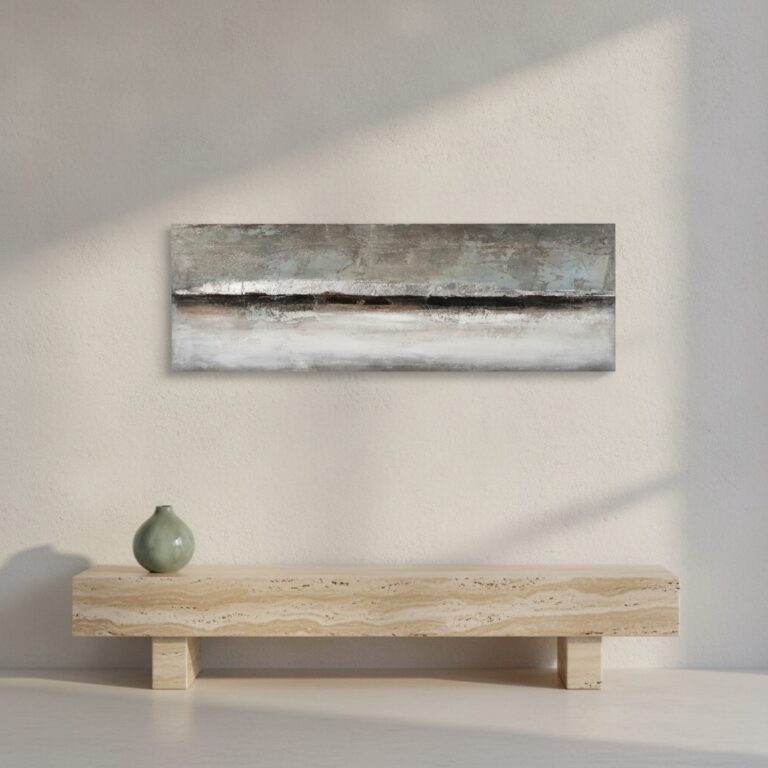 Komposition i grått och silver — handmålad akryl på duk, 50×150 cm