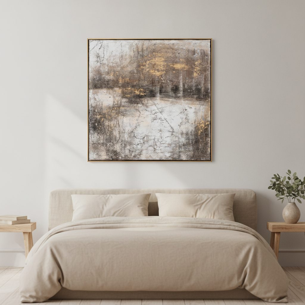 komposition med gyllene accenter — handmålad akryl på duk, 72×72 cm
