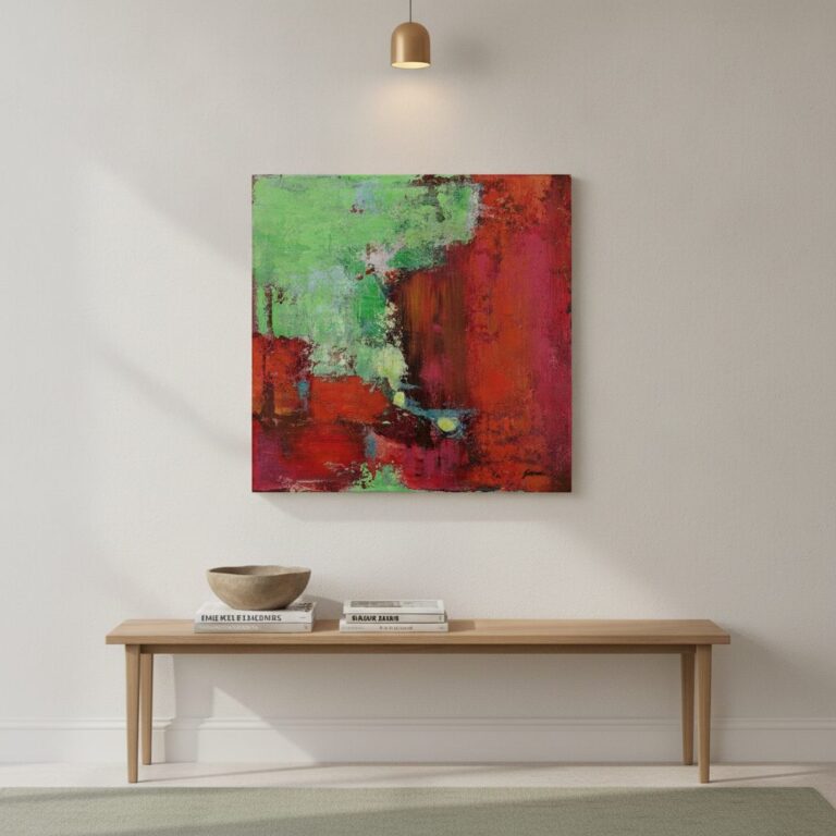 Kontraster i rött och grönt — handmålad akryl på duk, 60×60 cm